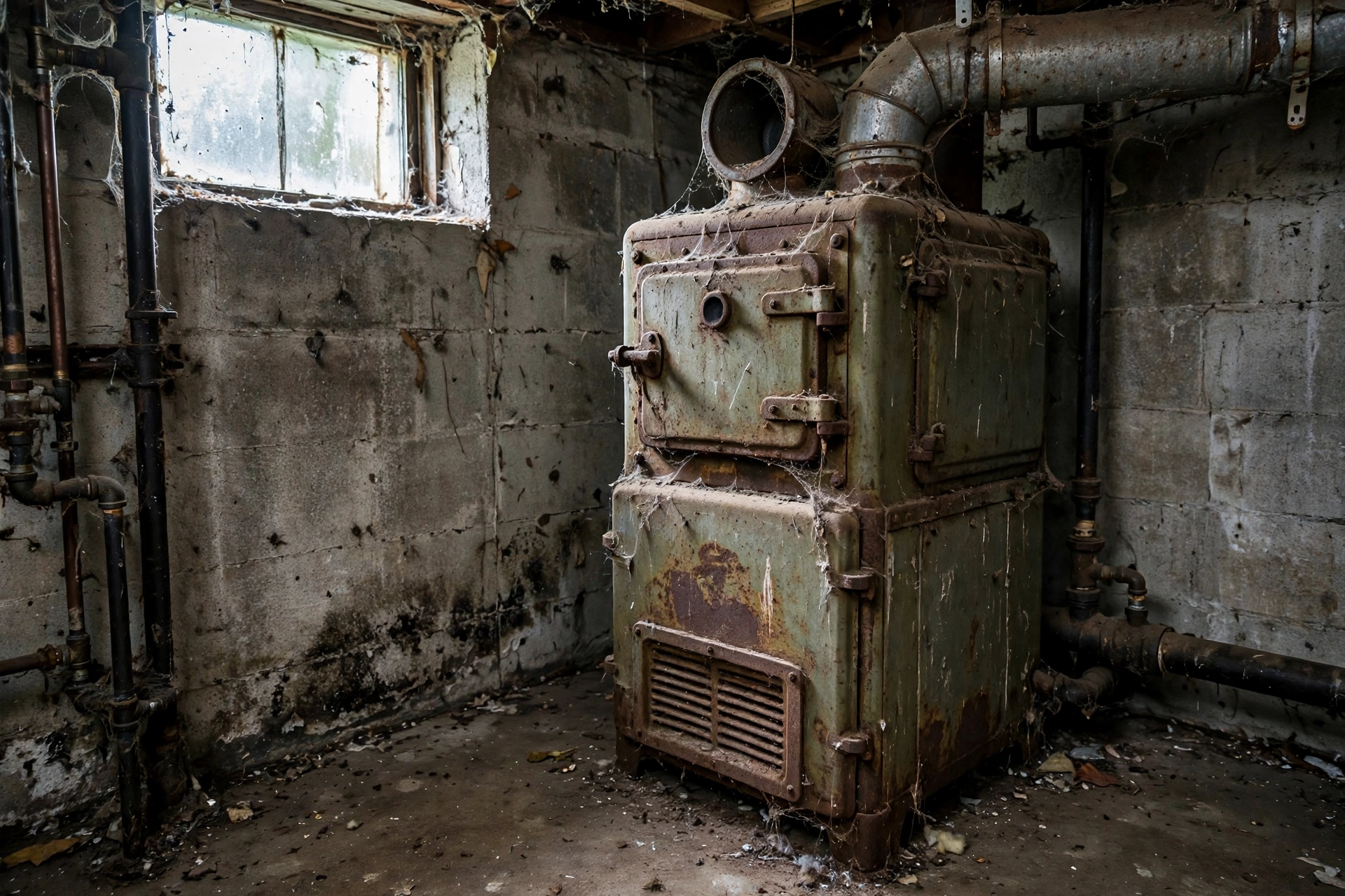 Old furnace in a basement corner