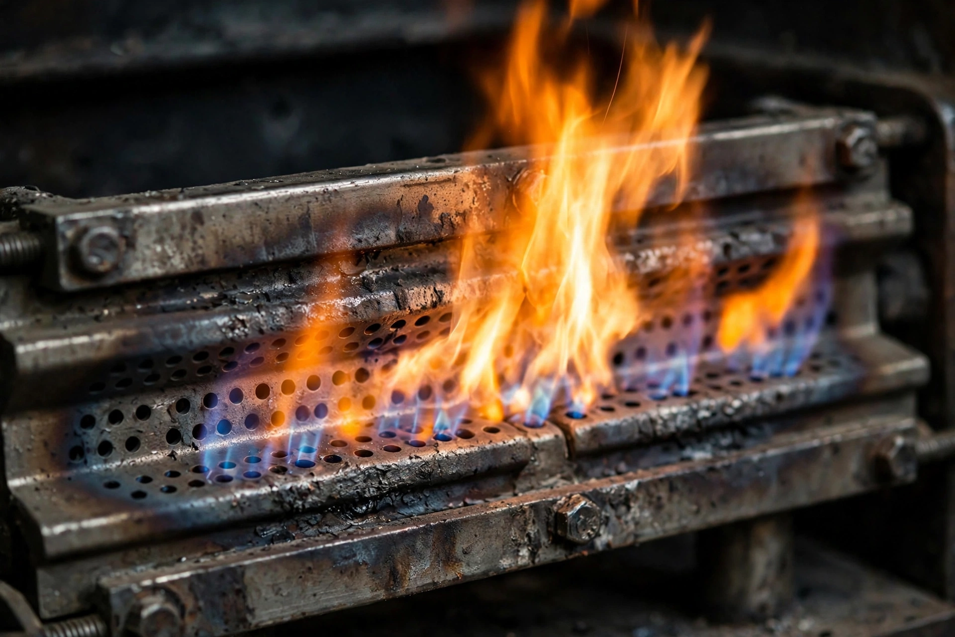 Furnace burner with a visible flame, close-up