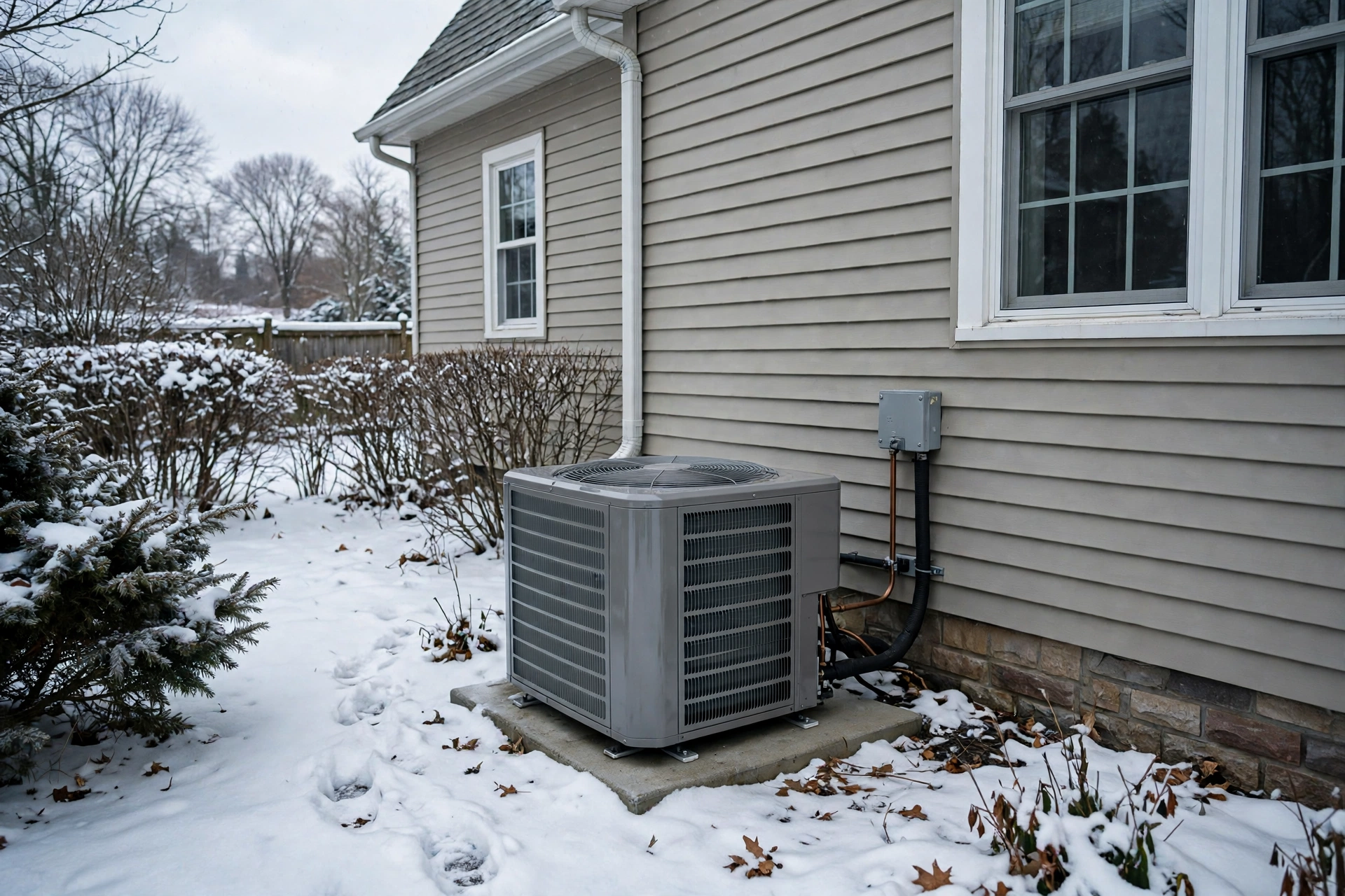 Heat pump outdoor unit next to a home in winter