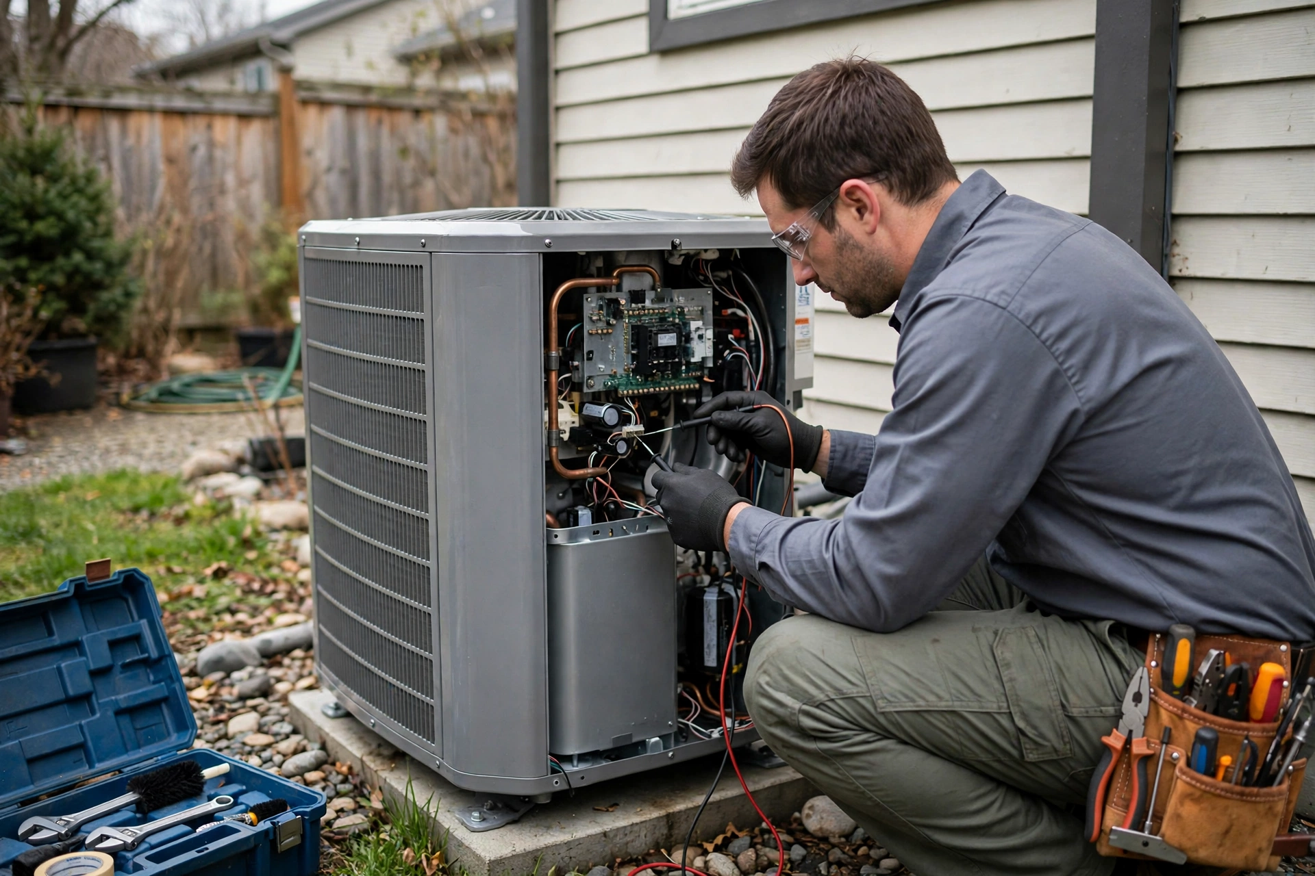 Technician servicing an outdoor heat pump unit