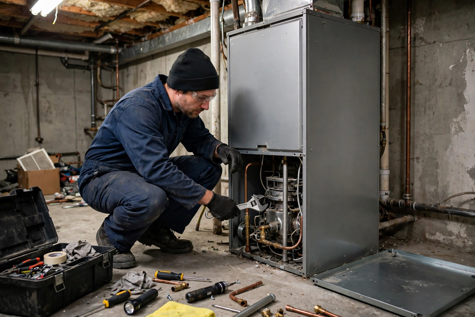 Technician repairing a gas furnace in a home basement