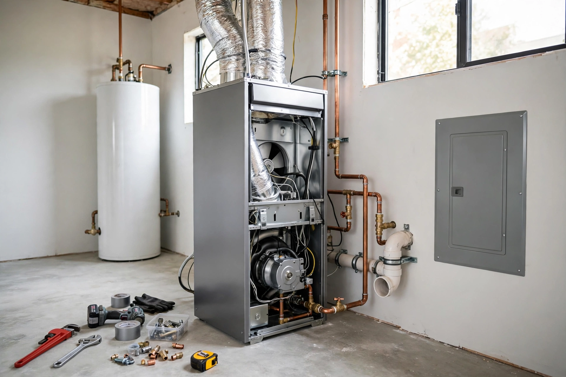 New furnace being installed in a bright utility room
