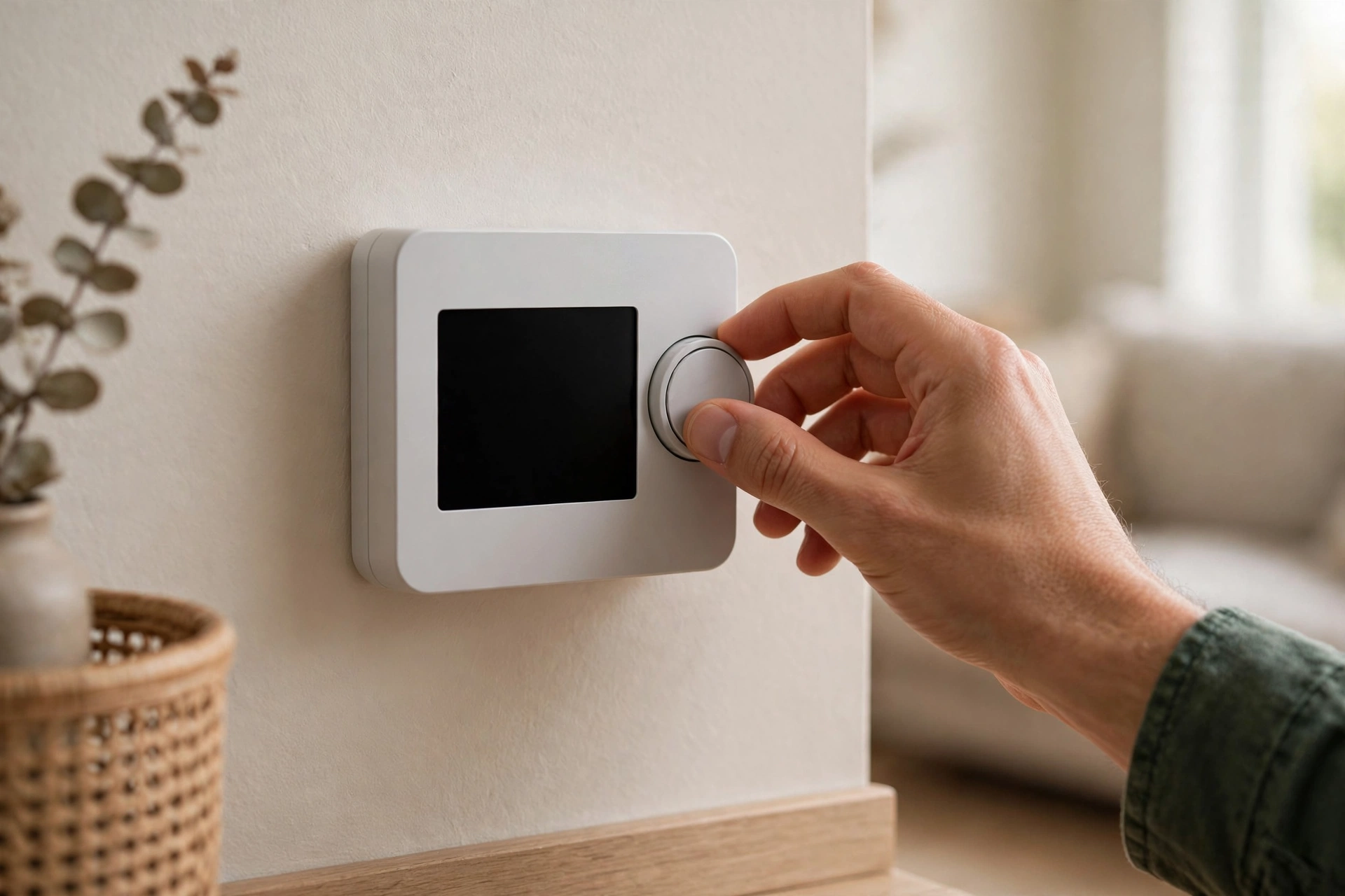 Thermostat on a living room wall being adjusted by a hand