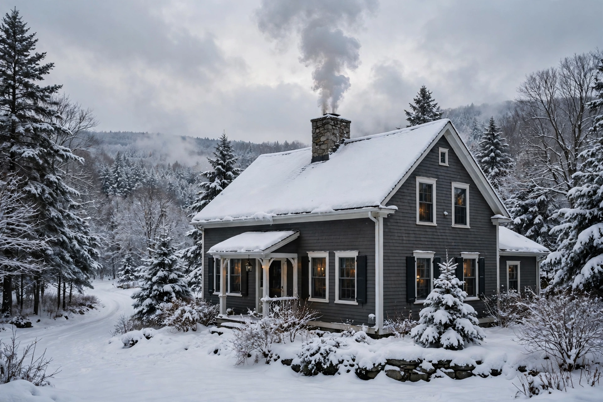 Snow-covered New Hampshire home exterior in winter with chimney smoke