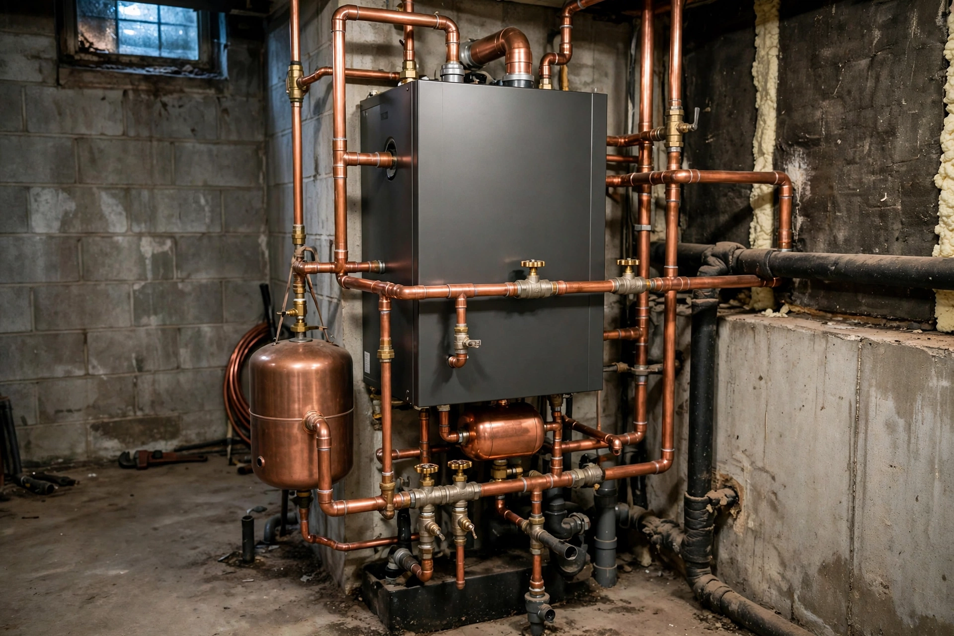 Boiler with copper pipes in a basement