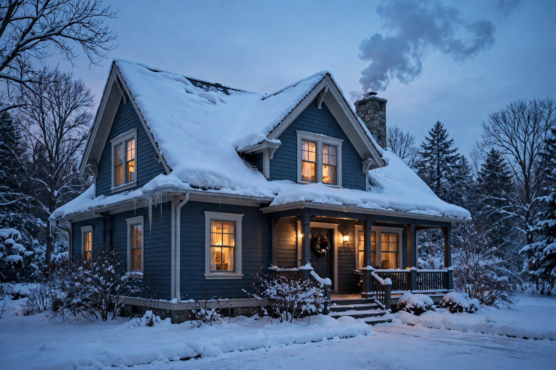 Winter home exterior with snow on the roof and chimney smoke at dusk