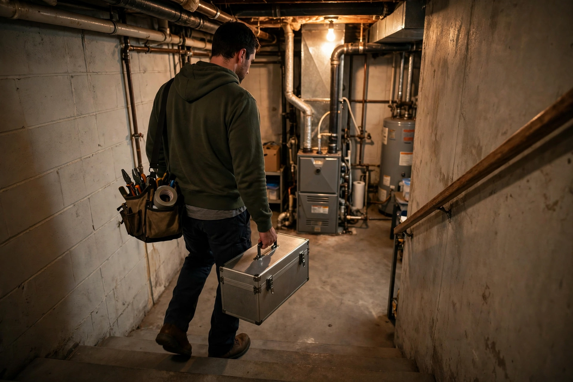 Furnace technician inspecting a home heating system in Rochester, New Hampshire