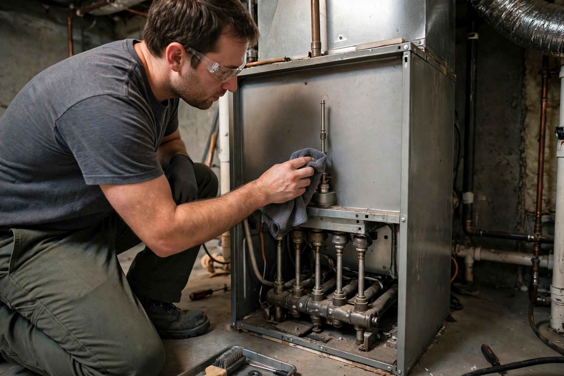 Furnace technician inspecting a home heating system in Laconia, New Hampshire