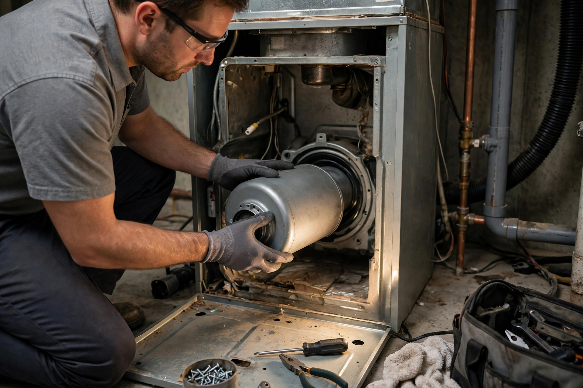 Furnace technician inspecting a home heating system in Berlin, New Hampshire