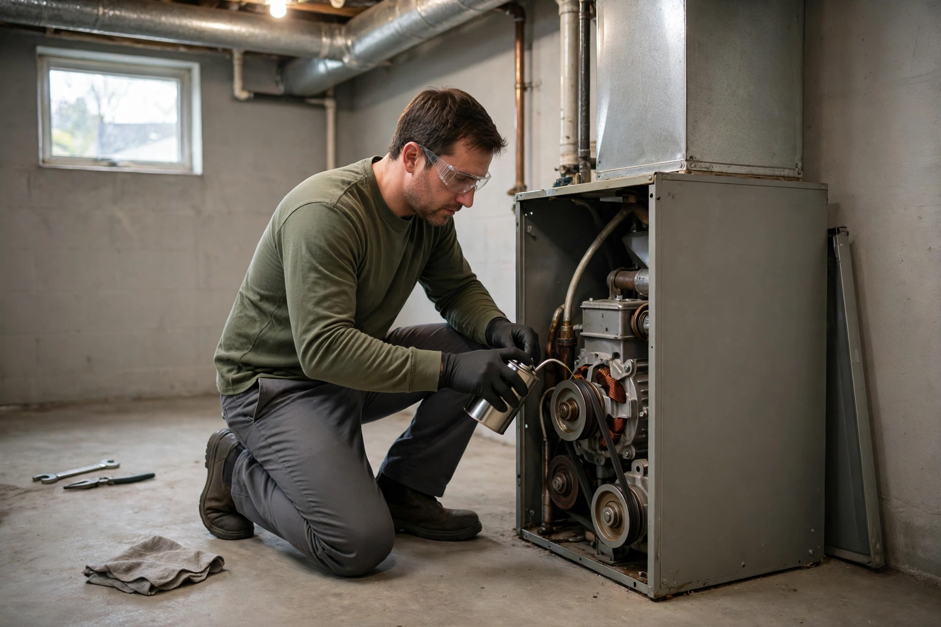 Furnace technician inspecting a home heating system in Exeter, New Hampshire