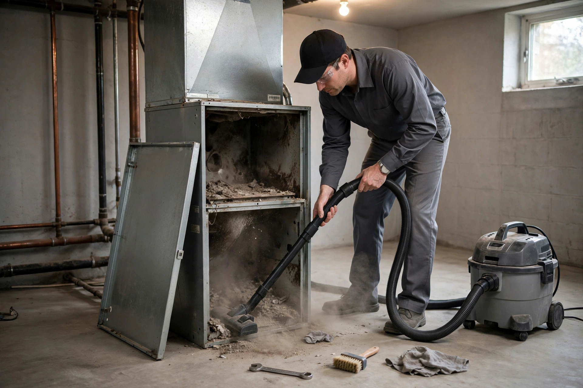 Furnace technician inspecting a home heating system in Bedford, New Hampshire