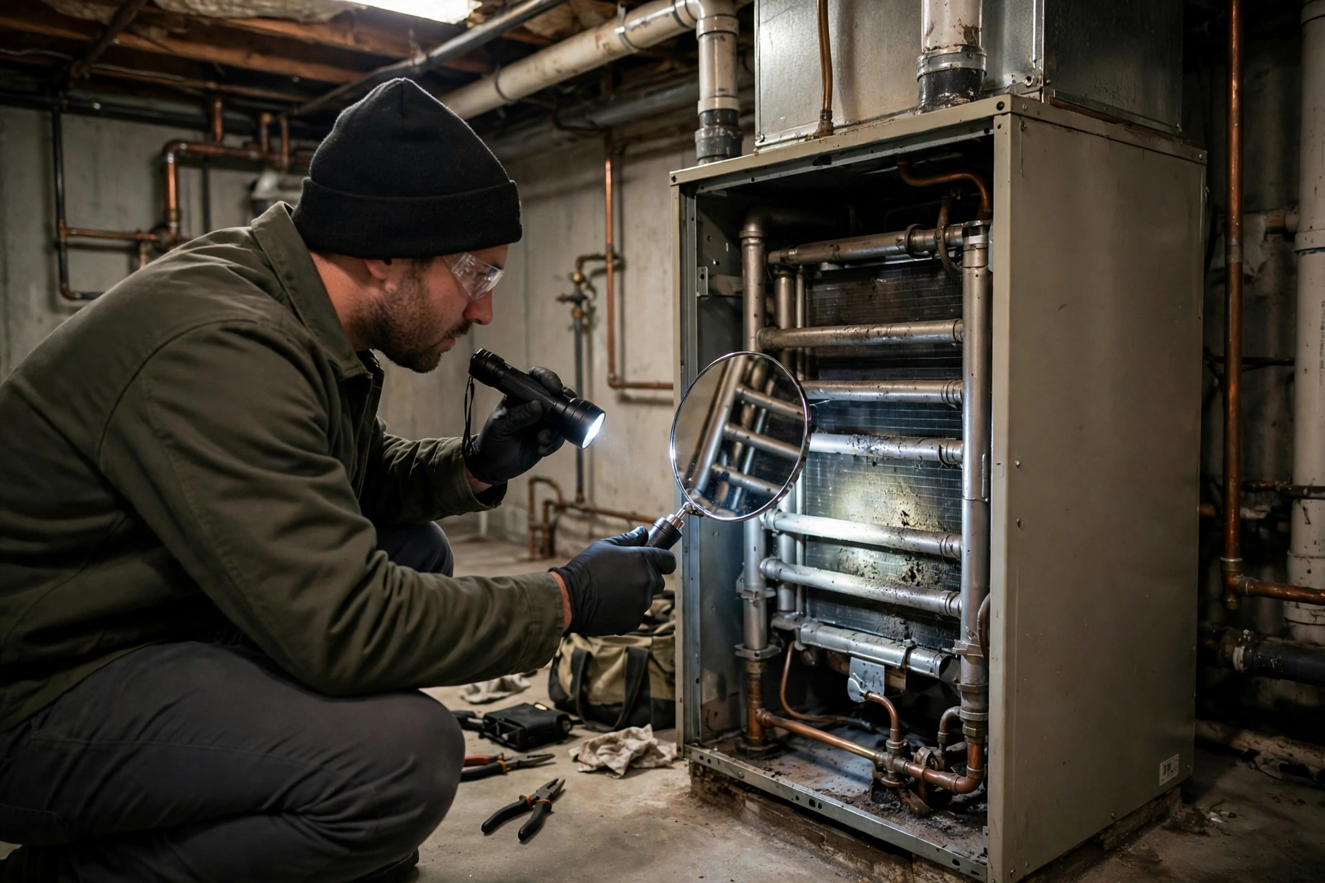 Gas furnace unit in a residential basement in Londonderry, New Hampshire