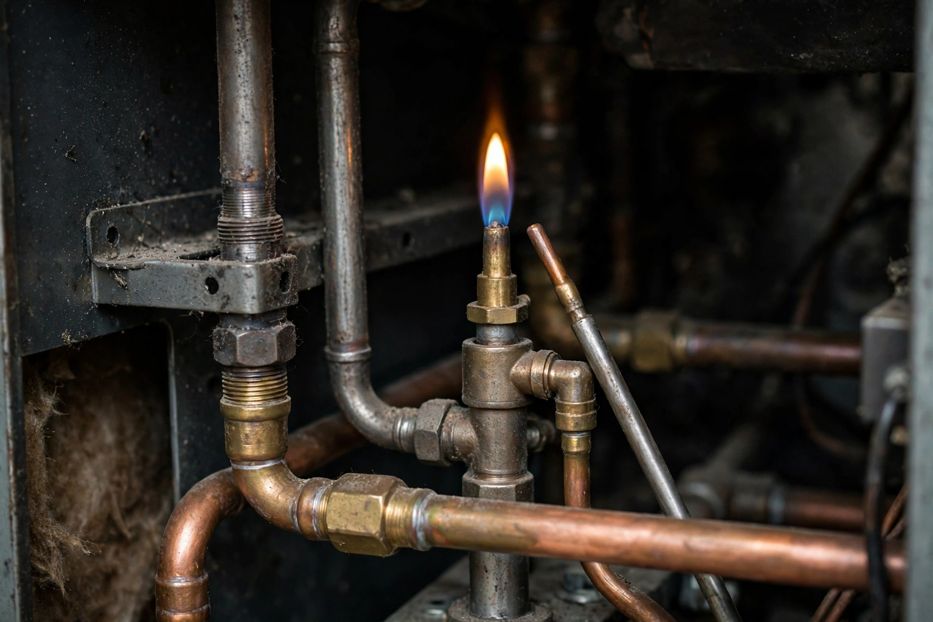 Furnace technician inspecting a home heating system in Amherst, New Hampshire