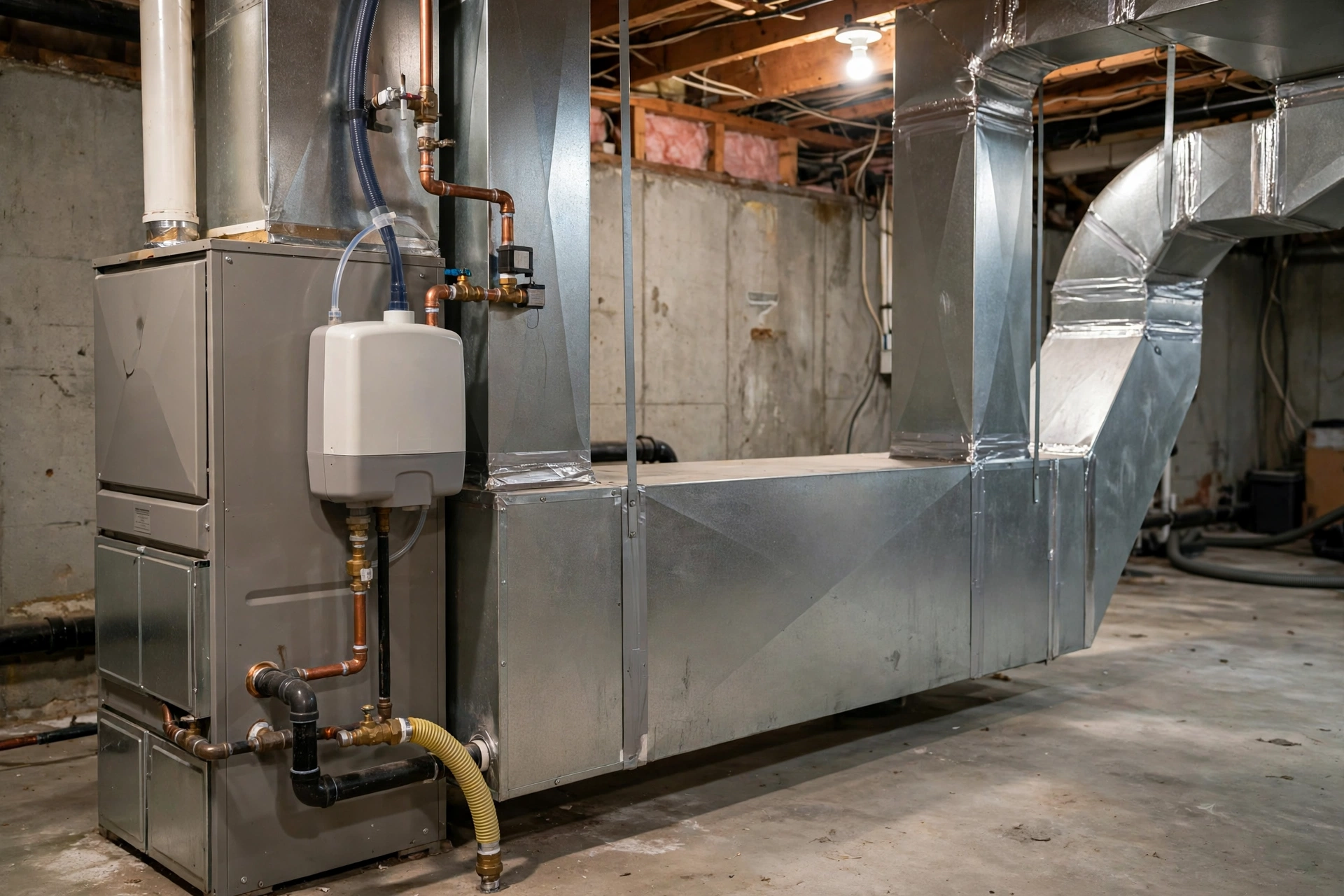 Gas furnace unit in a residential basement in Wolfeboro, New Hampshire