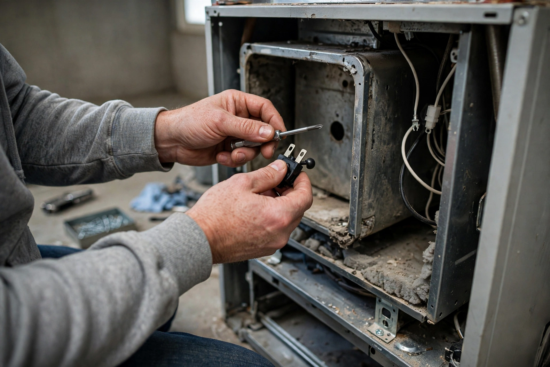Furnace technician inspecting a home heating system in Goffstown, New Hampshire