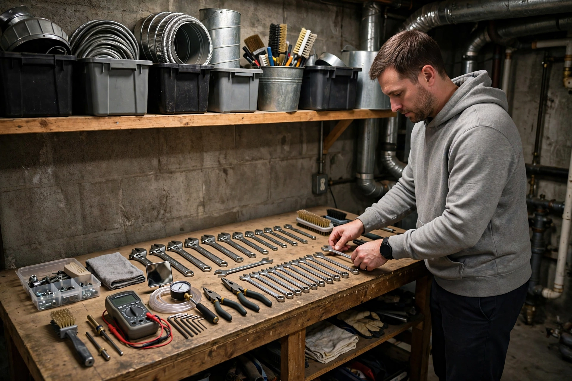 Boiler and heating pipes in a basement in a New Hampshire home