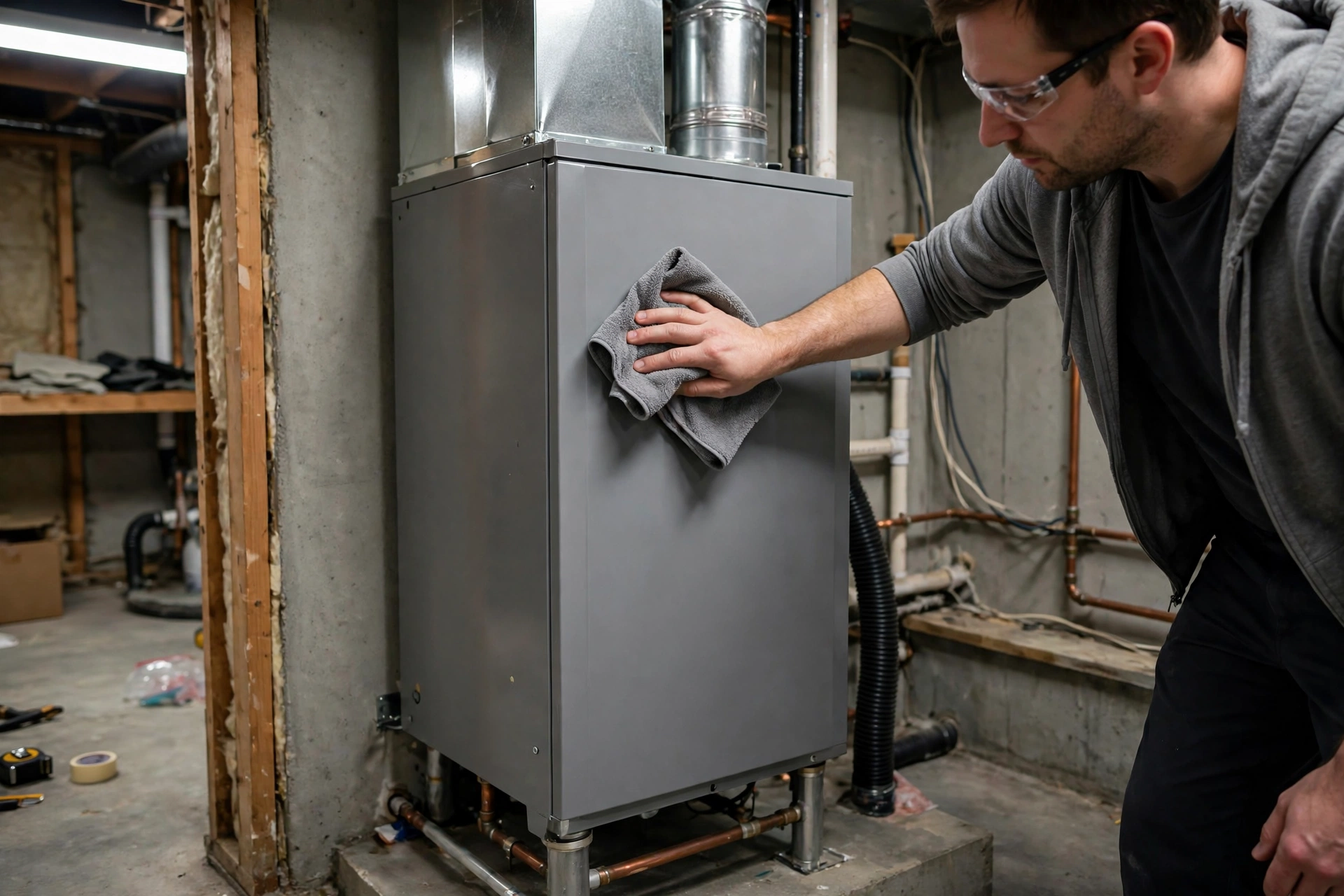 Furnace technician inspecting a home heating system in New Hampshire, view 4